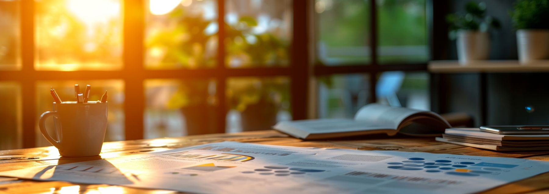 Business plan documents on a desk in warm morning light