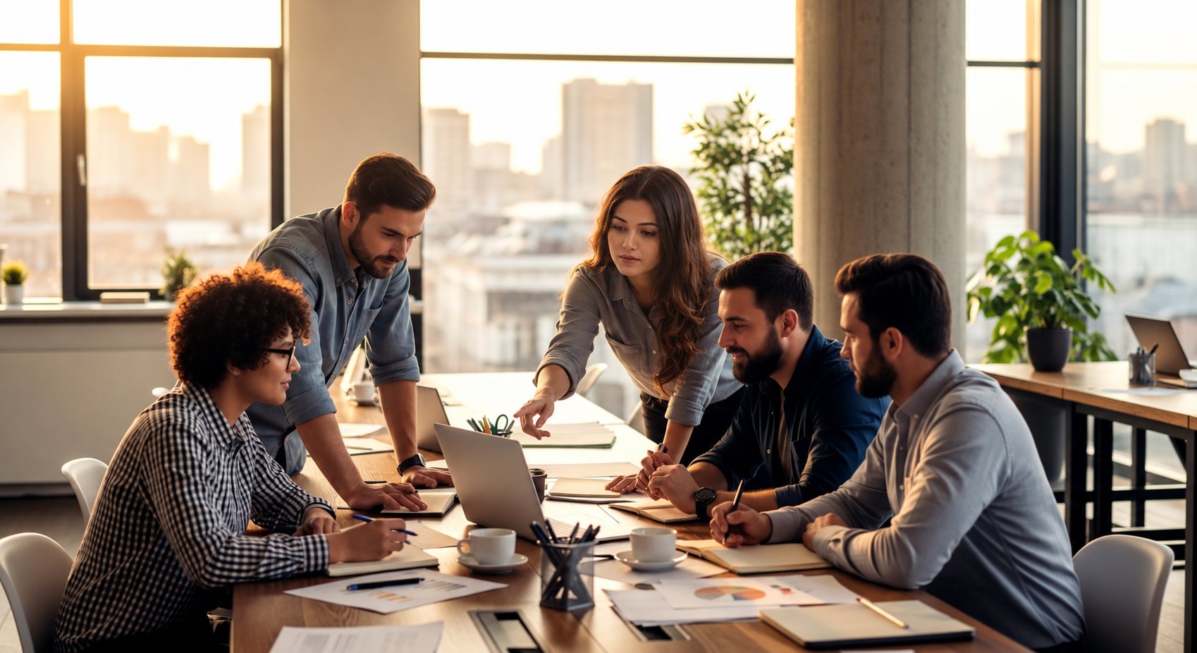 A team collaborating around a table in a bright office